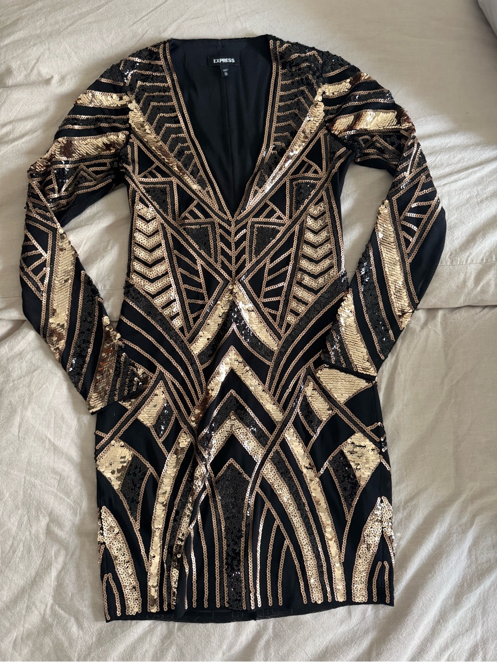 Express Black and Gold Sequin Long Sleeve Dress